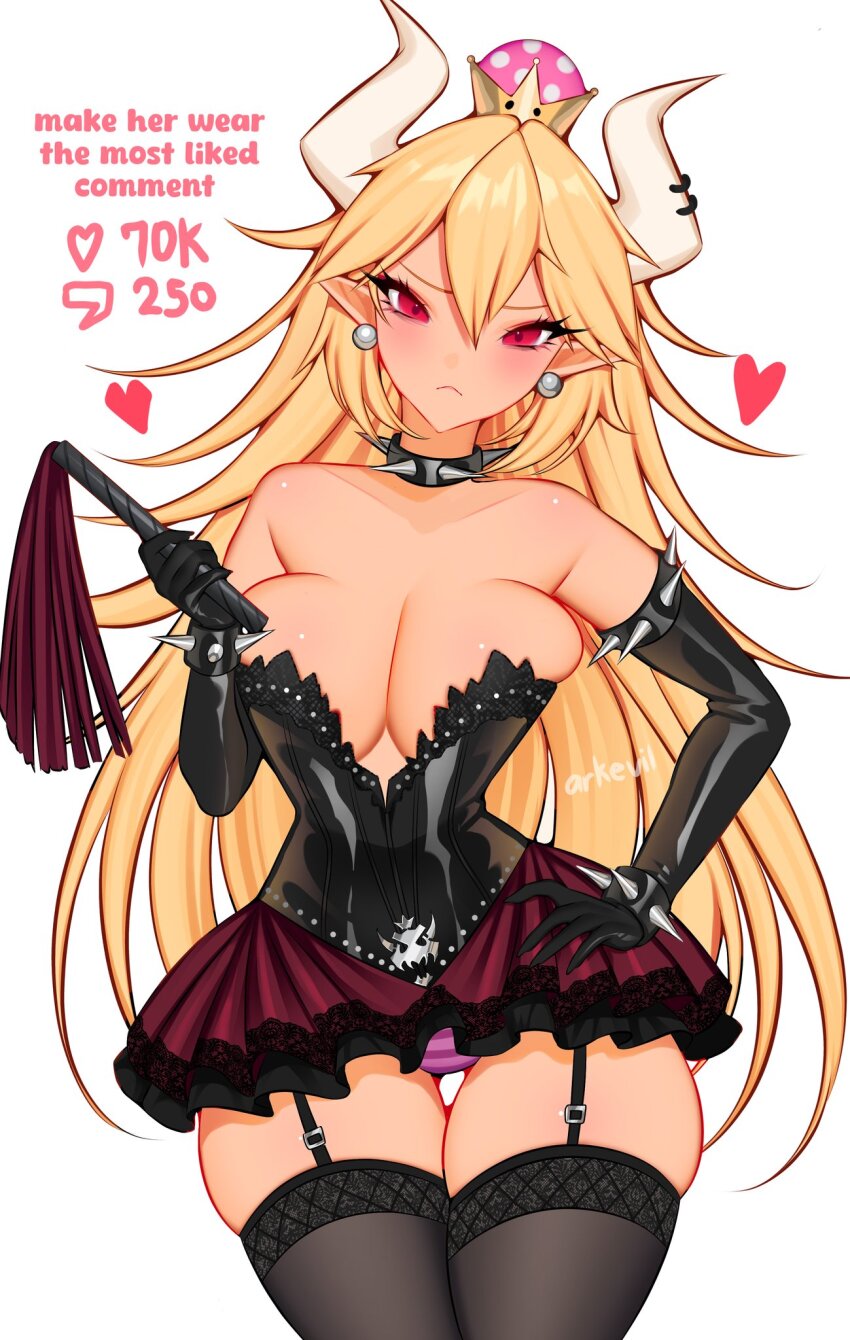1girl ark_evil02 armlet bare_shoulders blonde_hair blue_eyes bowsette bracelet breasts cleavage collar commentary crown dress earrings gloves highres horns jewelry large_breasts leather leather_gloves leather_skirt long_hair mario_(series) new_super_mario_bros._u_deluxe nintendo sharp_teeth solo spiked_bracelet spiked_collar spikes teeth