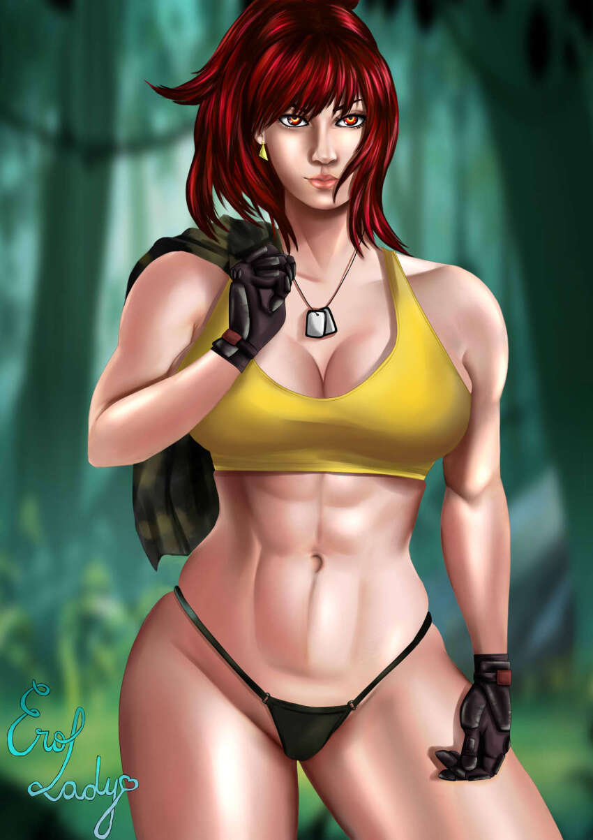 1girl breasts curvy earrings erolady gloves huge_breasts jewelry large_breasts leather leona_heidern looking_at_viewer military nature orochi_leona outdoors pale_skin panties red_eyes red_hair shirt standing tank_top the_king_of_fighters thick_thighs thighs toned toned_female underwear undressing wide_hips yellow_shirt
