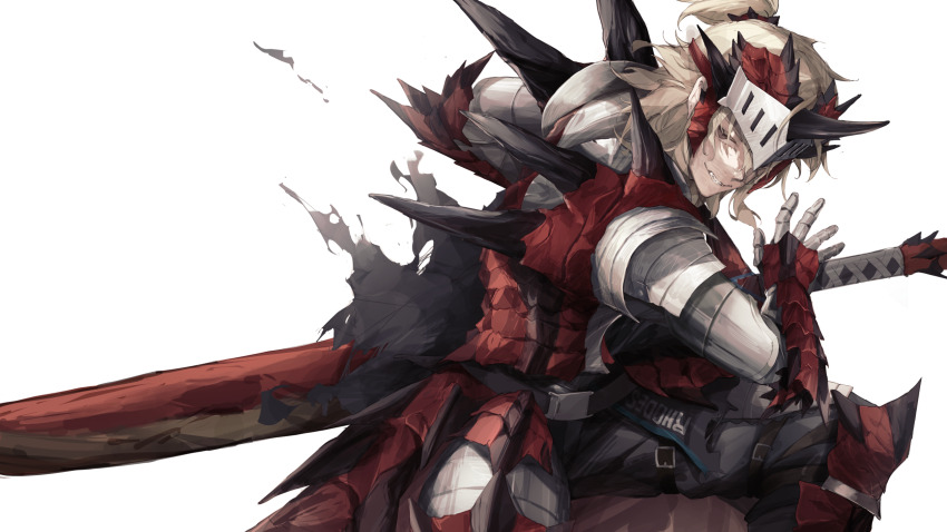 1boy ankoro_mochi arknights armor breasts brown_eyes fake_horns fighting_stance forehead_protector grey_hair grin highres horns male_focus medium_breasts noir_corne_(arknights) official_alternate_costume rathalos_(armor) rathalos_s_noir_corne_(arknights) ready_to_draw sheath sheathed shoulder_spikes smile solo spikes sword weapon white_background