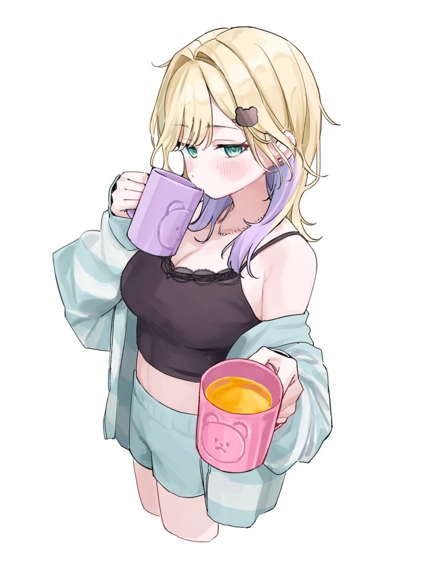 1girl aqua_jacket aqua_shorts bare_shoulders bear_hair_ornament black_camisole blonde_hair blush breasts camisole cleavage colored_inner_hair cropped_legs cup drinking earrings green_eyes hair_intakes hair_ornament hanada_ten highres holding holding_cup incoming_drink iris_black_games jacket jewelry kurumi_noah kurumi_noah_(6th_costume) lace-trimmed_camisole lace_trim long_hair medium_breasts midriff mug multicolored_hair necklace off_shoulder parted_bangs purple_hair short_shorts shorts simple_background sleeves_past_wrists solo striped_clothes striped_jacket two-tone_hair virtual_youtuber vspo! white_background