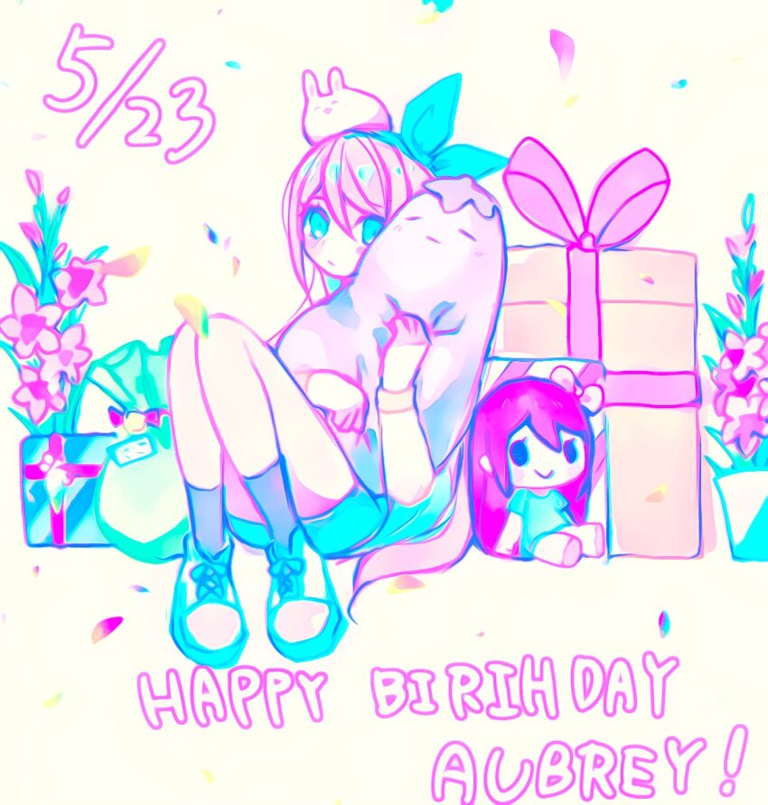 1girl animal animal_on_head ankle_socks aubrey_(faraway)_(omori) aubrey_(headspace)_(omori) aubrey_(omori) blue_eyes blue_hairband bow_hairband character_doll character_name closed_mouth commentary confetti dated doll english_commentary flower flower_pot forest_bunny_(omori) full_body gift gladiolus green_bag grey_socks hairband happy_birthday highres holding holding_stuffed_toy knees_together_feet_apart knees_up long_hair long_sleeves looking_at_viewer mr._plantegg_(omori) omori on_head pink_flower pink_hair saturated shirt shoelaces shoes simple_background sitting socks solo stuffed_eggplant stuffed_toy timaki very_long_hair white_background white_rabbit_(animal) white_shirt white_shoes