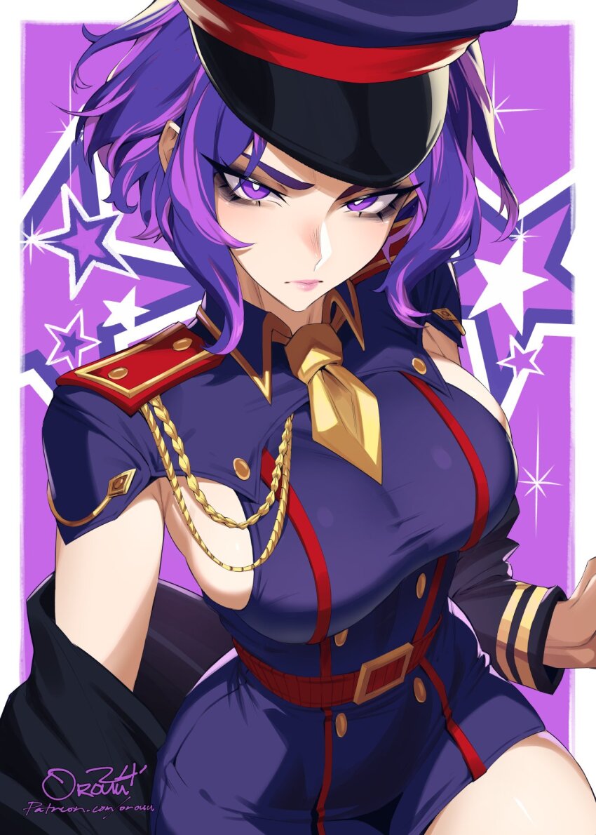 1girl armpit_cutout boku_no_hero_academia breasts bright_pupils clothing_cutout hat highres lady_nagant large_breasts long_sleeves looking_at_viewer multicolored_hair necktie off_shoulder orouu peaked_cap purple_eyes purple_hair short_hair solo streaked_hair white_pupils yellow_necktie