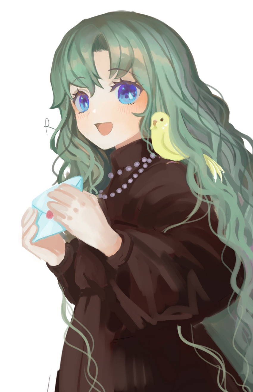 1girl :d animal animal_on_shoulder bird bird_on_shoulder blue_eyes blush brown_dress canary commentary_request dress green_hair hair_between_eyes hands_up highres holding holding_letter jewelry letter long_hair looking_at_viewer necklace open_mouth original parted_bangs pearl_necklace rosette_(roze-ko) signature simple_background smile solo upper_body very_long_hair wavy_hair white_background