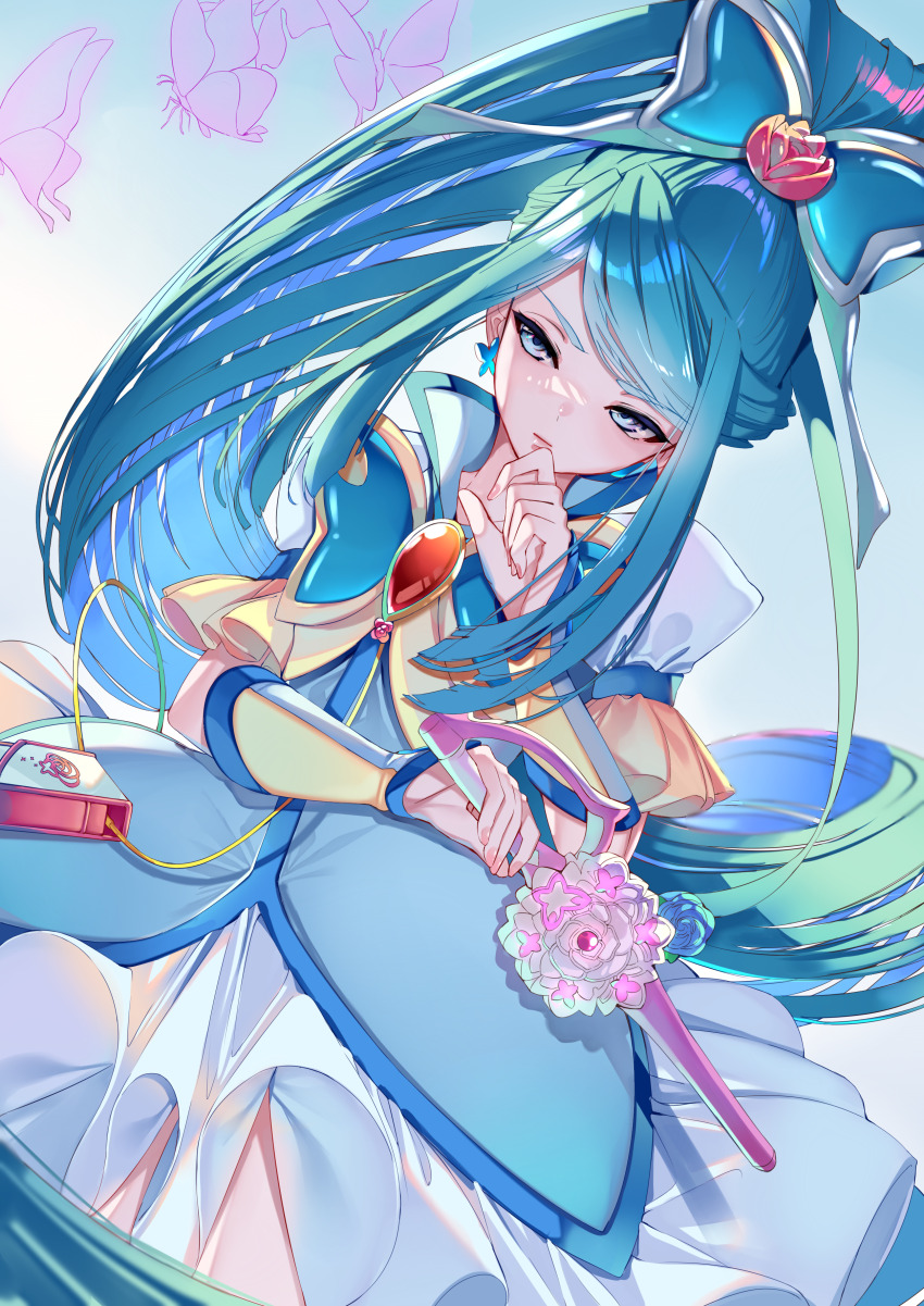 1girl absurdres blue_eyes blue_hair blue_vest brooch bug butterfly butterfly_brooch butterfly_earrings closed_mouth cure_aqua dress earrings fingerless_gloves gloves high_ponytail highres insect jewelry long_hair magical_girl minazuki_karen ponytail precure puffy_short_sleeves puffy_sleeves short_sleeves solo two-tone_gloves vest white_dress yes!_precure_5 yes!_precure_5_gogo! yuutarou_(fukiiincho)