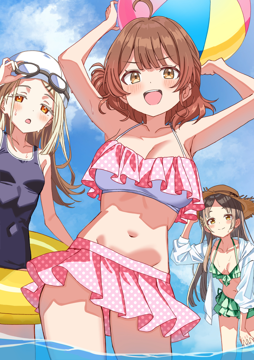 3girls :d absurdres ball beachball blue_sky breasts brown_hair gakuen_idolmaster hanami_ume highres hiyoko_neneko holding holding_ball holding_beachball idolmaster kuramoto_china looking_at_viewer medium_breasts multiple_girls navel open_mouth shinosawa_hiro short_hair sky smile swimsuit