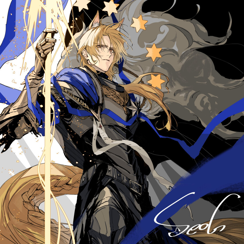 1boy animal_ear_fluff animal_ears arknights arm_up armor belt black_jacket blonde_hair blue_cape braid cape closed_mouth commentary cowboy_shot gauntlets highres holding holding_weapon horse_boy horse_ears horse_tail jacket long_hair looking_at_viewer male_focus mlynar_(arknights) mlynar_(w_dali)_(arknights) ponytail seomouse signature smoke solo standing symbol-only_commentary tail weapon yellow_eyes