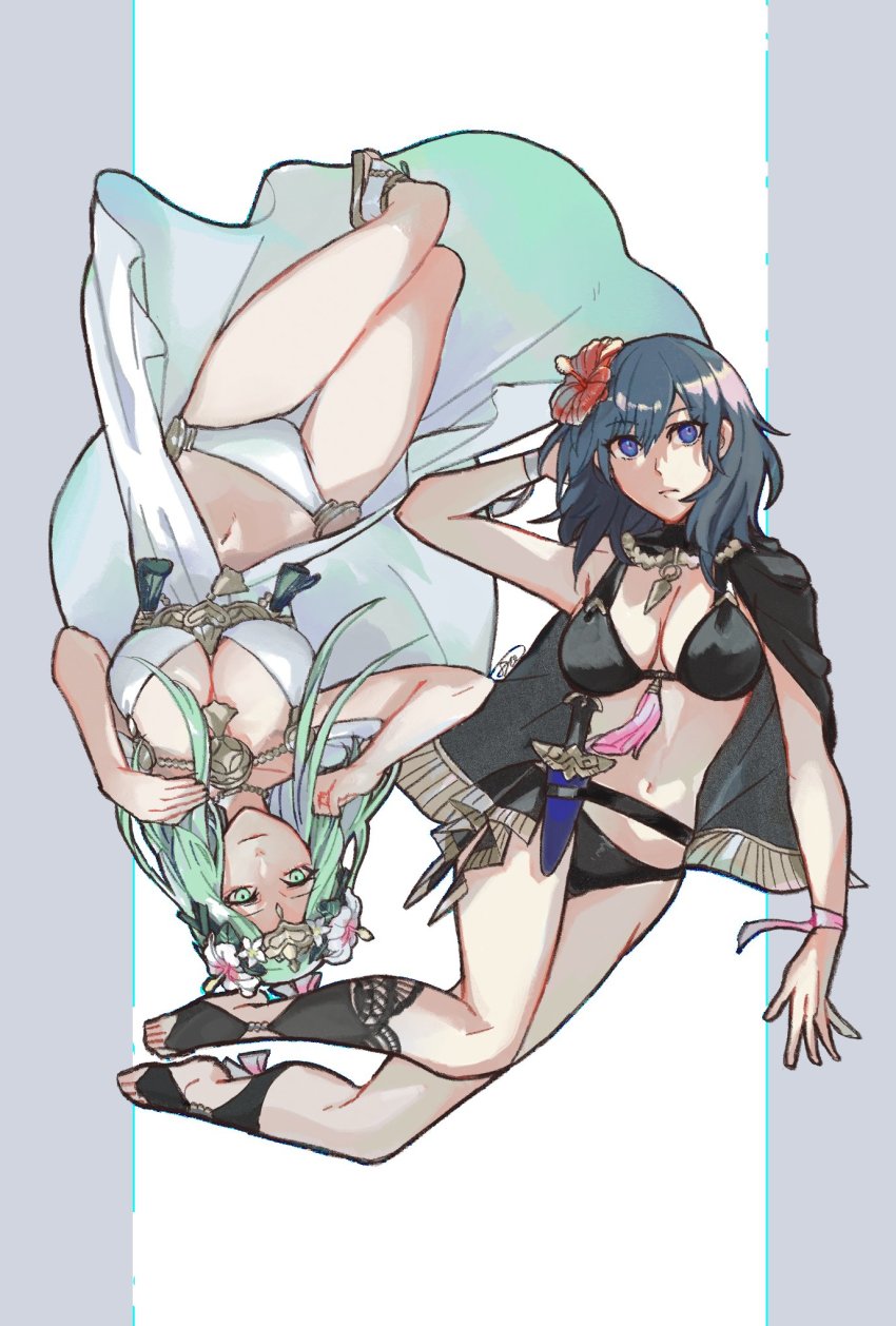 2girls alternate_costume alternate_hairstyle amulet batoson54 bikini bikini_top_only black_bikini black_vs_white blue_eyes breasts female_byleth_(fire_emblem) female_byleth_(summer)_(fire_emblem) cape cleavage dagger feet female_focus fire_emblem fire_emblem:_three_houses fire_emblem_heroes flower green_eyes green_hair hair_flower hair_ornament hand_in_own_hair hand_on_own_chest hand_up head_wreath highres knife large_breasts legs_together looking_at_viewer matching_hair/eyes multiple_girls navel nintendo official_alternate_costume pale_skin rhea_(fire_emblem) rhea_(summer)_(fire_emblem) sandals smile swimsuit thighs toes upside-down weapon white_background