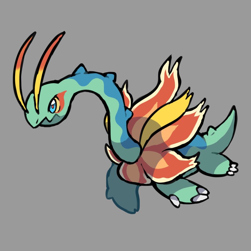 absurdres adoptable animal_focus antennae aqua_eyes colored_sclera commentary english_commentary fakemon full_body game_freak gen_2_pokemon grey_background highres long_neck meganium nintendo no_humans original plesiosaur pokemon pokemon_(creature) pokemon_focus red_pupils rgreywind simple_background solo yellow_sclera