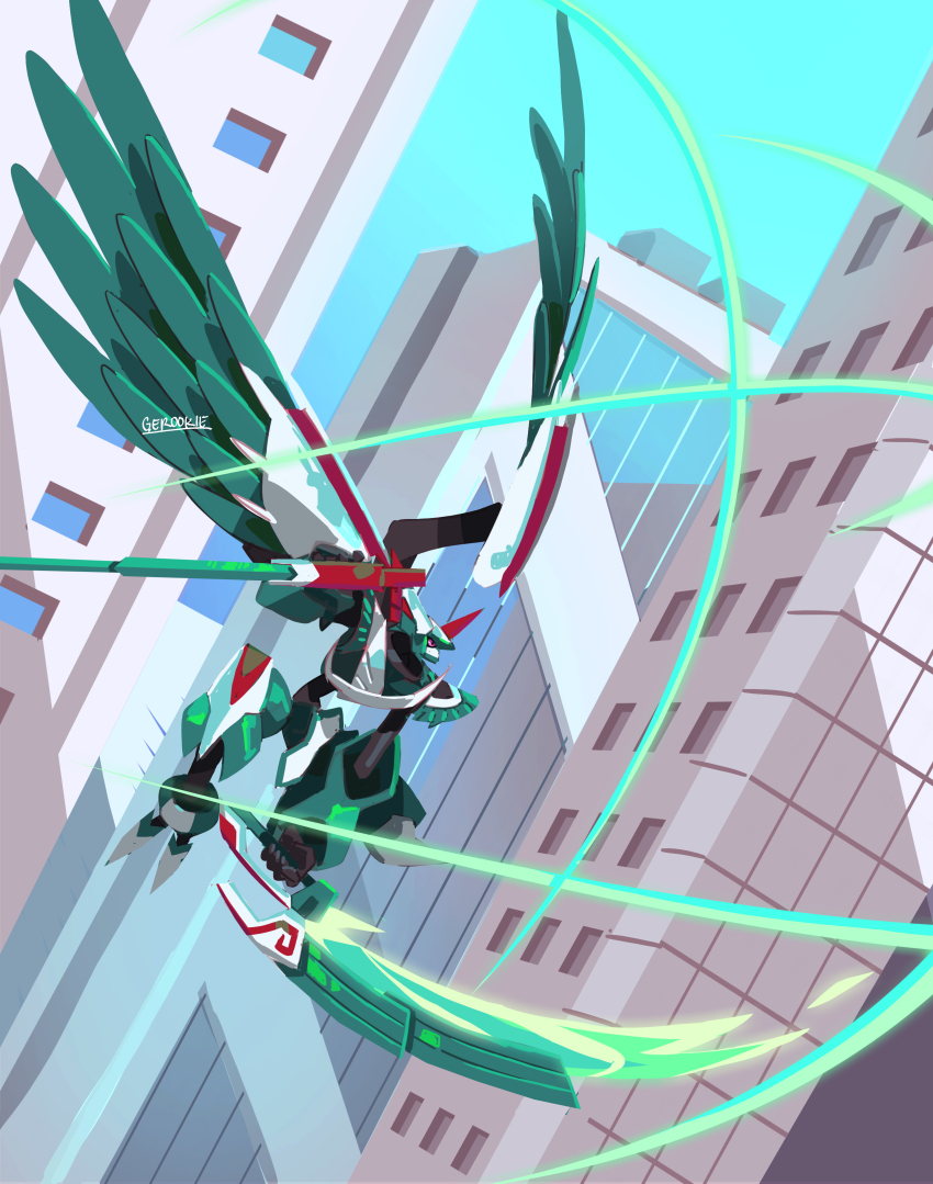 absurdres armor artist_name digimon digimon_(creature) digimon_card_game digimon_liberator dual_wielding feathered_wings gero_rivera green_armor green_wings highres holding holding_sword holding_weapon horns midair red_eyes single_horn slashing sword weapon wings zephagamon