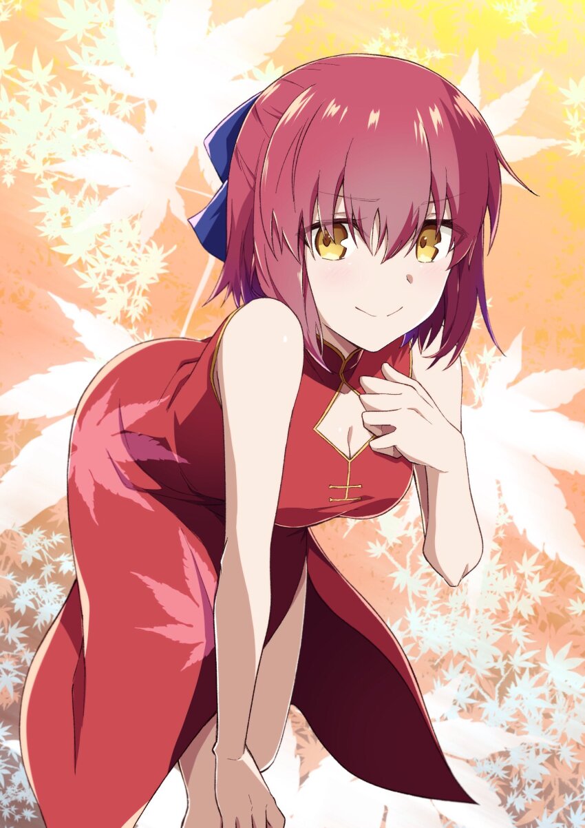 1girl azami_masurao bow breasts china_dress chinese_clothes commentary_request dress hair_bow hand_on_own_knee highres kohaku_(tsukihime) leaning_forward looking_at_viewer medium_breasts melty_blood melty_blood:_type_lumina mr._chin official_alternate_costume red_dress red_hair ribbon short_hair smile solo tsukihime