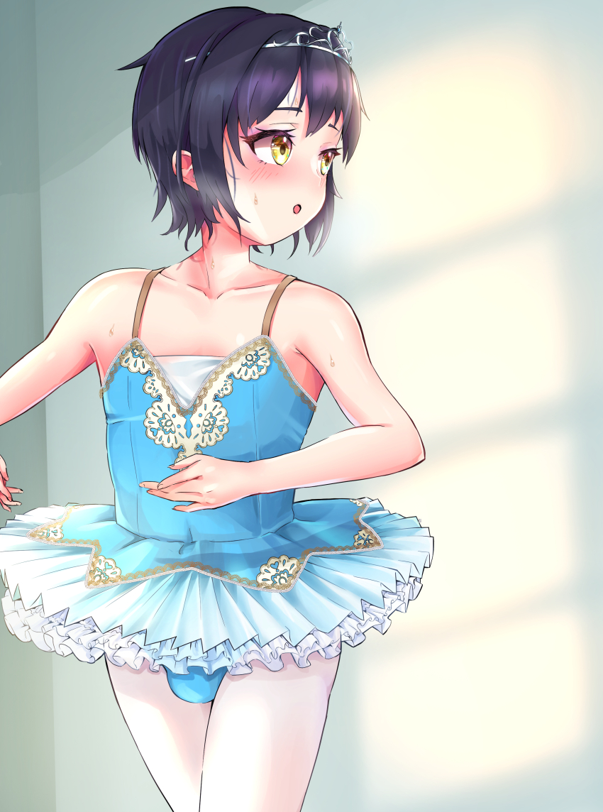 1boy absurdres ballet black_hair blue_leotard highres leotard male_focus pantyhose solo trap tutu white_pantyhose