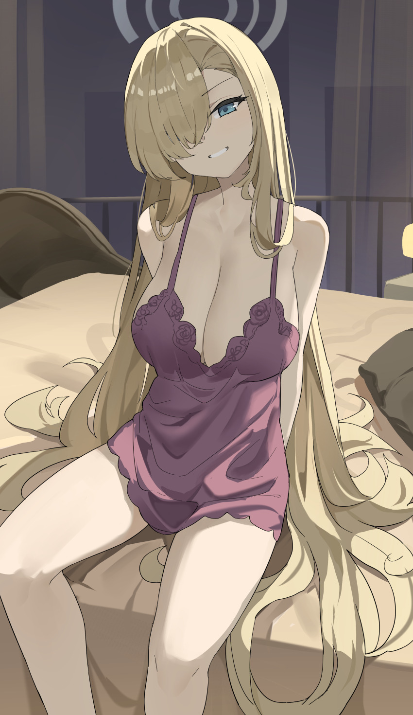1girl absurdres alternate_costume arms_behind_back asuna_(blue_archive) bare_arms bare_shoulders blonde_hair blue_archive blue_eyes blush breasts cleavage dddm hair_over_one_eye highres indoors large_breasts long_hair looking_at_viewer nightgown parted_lips purple_nightgown sitting smile solo