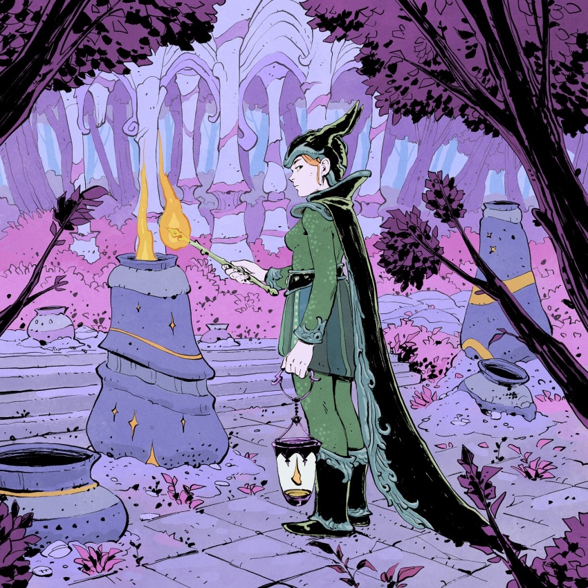1girl belt black_boots boots branch bush cape fake_horns fantasy fire from_side green_leggings green_shirt green_skirt helmet highres holding holding_lantern holding_torch horned_helmet horns lantern leggings long_sleeves migamigami nature orange_hair original outdoors pottery purple_background shirt skirt stairs stone_floor torch tree