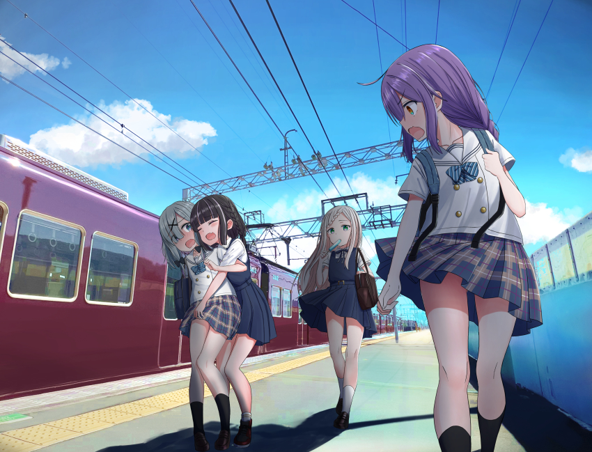 4girls child dress eating food highres ice_cream multiple_girls open_mouth original outdoors pinafore_dress school_uniform serafuku sleeveless sleeveless_dress train urushiushiru wind wind_lift