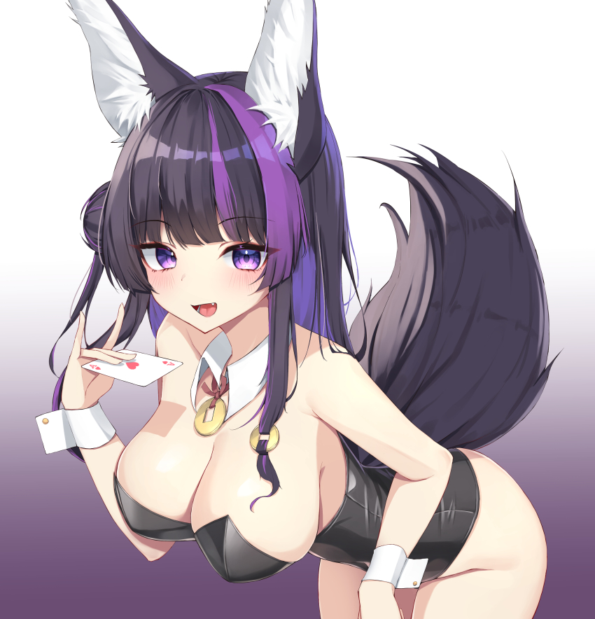 1girl absurdres ace_(playing_card) ace_of_hearts animal_ear_fluff animal_ears black_hair black_leotard breasts card cleavage collar commission detached_collar fang fox_ears fox_girl fox_tail hair_bun heart highres holding holding_card indie_virtual_youtuber leaning_forward leotard long_hair multicolored_hair nai_(cnoadi8) nontraditional_playboy_bunny open_mouth playing_card purple_eyes purple_hair shadow skeb_commission smile solo streaked_hair tail virtual_youtuber white_collar white_wrist_cuffs wrist_cuffs yamigashi_kana