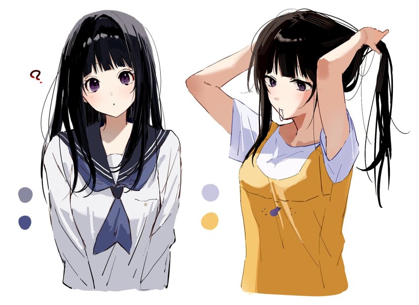 1girl ? adjusting_hair apron arms_behind_head arms_up black_hair blue_neckerchief blue_sailor_collar chitanda_eru color_guide hair_tie_in_mouth highres holding holding_own_hair hyouka long_hair looking_at_viewer mouth_hold multiple_views neckerchief purple_eyes sailor_collar school_uniform serafuku shirt simple_background tying_hair upper_body white_background white_shirt yellow_apron yuuhi_mari