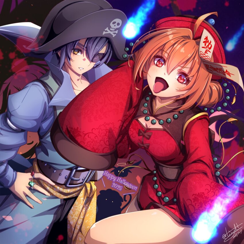 1boy 1girl ahoge antenna_hair beads breasts chinese_clothes cleavage_cutout closed_mouth clothing_cutout collarbone dated double-parted_bangs eiyuu_densetsu english_text estelle_bright eyepatch ghost_pose glint hair_between_eyes hair_intakes halloween halloween_costume hand_on_own_hip hat highres jewelry jiangshi jiangshi_costume joshua_bright large_breasts long_hair long_sleeves looking_at_viewer ofuda ofuda_on_head open_mouth outstretched_arms pirate pirate_costume pirate_hat prayer_beads puffy_long_sleeves puffy_sleeves qingdai_guanmao red_eyes ring signature sleeves_past_fingers sleeves_past_wrists sora_no_kiseki talisman tinybiard tongue tongue_out twintails twitter_username will-o&#039;-the-wisp_(mythology) yellow_eyes zombie_pose