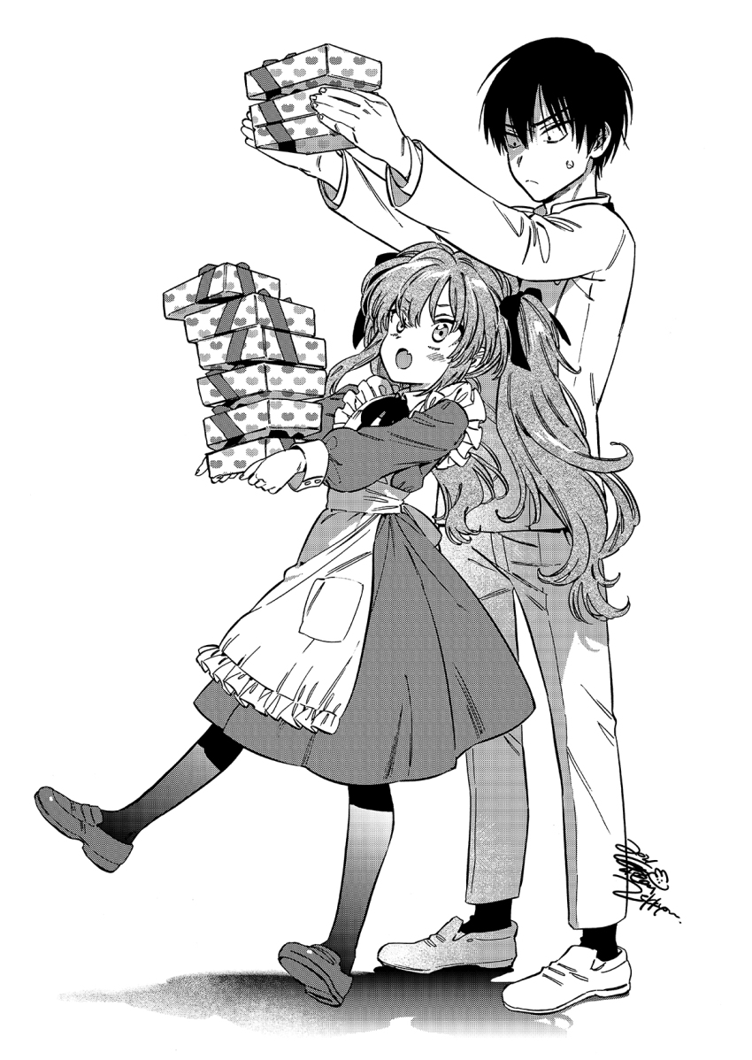 1boy 1girl aisaka_taiga apron arms_up box collared_shirt commentary commentary_request dress fang frilled_apron frills furrowed_brow gift gift_box greyscale hair_between_eyes hair_ribbon highres holding holding_gift jacket leaning_back light_blush long_sleeves maid maid_apron monochrome neck_ribbon oohashi_high_school_uniform open_mouth pants pantyhose pocket puffy_sleeves ribbon sash school_uniform shirt shoes signature skin_fang socks sweatdrop takasu_ryuuji toradora! tripping two_side_up white_background zekkyou_(h9s9)