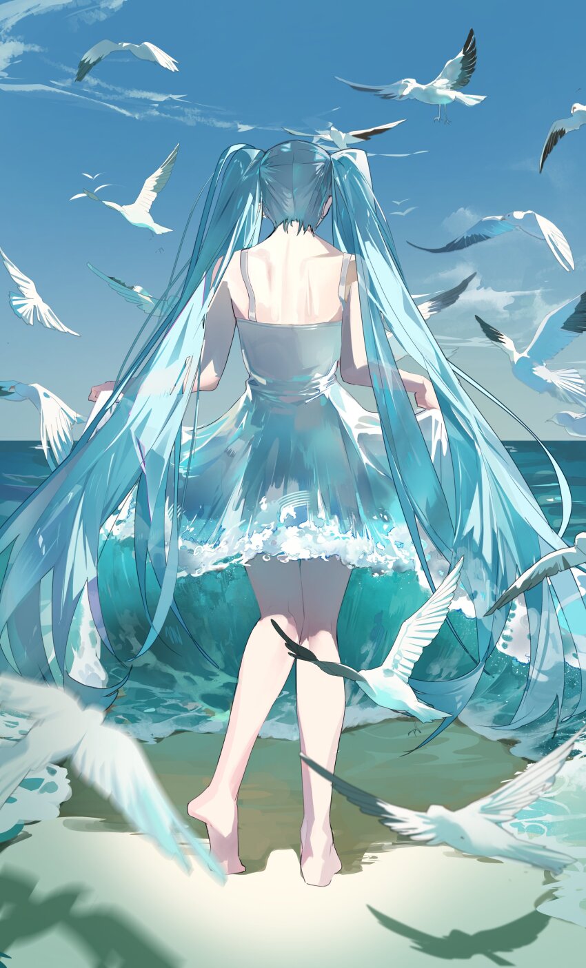1girl absurdres animal aqua_hair barefoot beach bird blue_sky buri_(retty9349) commentary from_behind full_body hatsune_miku highres long_hair ocean outdoors seagull skirt_hold sky standing twintails very_long_hair vocaloid water_dress waves