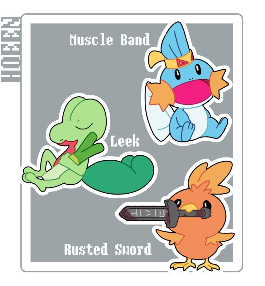 animal_focus bird black_eyes border chicken closed_eyes creatures_(company) fins full_body game_freak gen_3_pokemon grey_background hairband head_fins highres holding holding_sword holding_weapon looking_at_viewer mudkip muscle_band nintendo no_humans nose_poke000 open_mouth orange_feathers pokemon pokemon_(creature) rusted_sword_(pokemon) simple_background spring_onion standing starter_pokemon_trio sword talons torchic treecko weapon white_border yellow_hairband