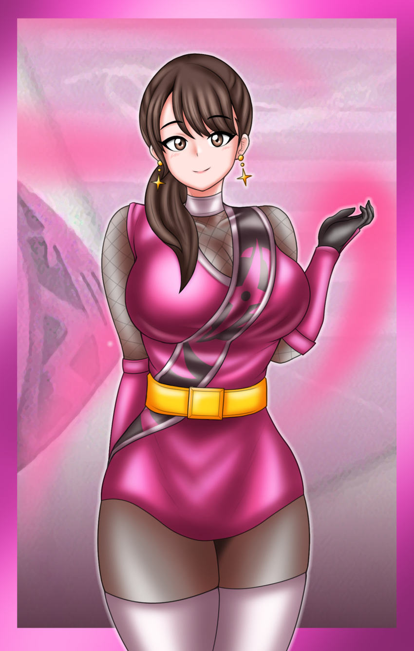 1girl bodysuit brown_eyes brown_hair earrings highres jewelry momochi_kasumi no_headwear shuriken_sentai_ninninger super_sentai treezero