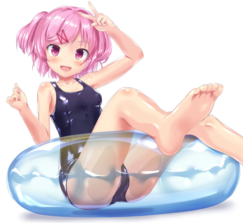1girl :d barefoot breasts doki_doki_literature_club feet foot_focus hair_ornament hair_ribbon highres innertube looking_at_viewer medium_breasts naka_(cheeseyeast) natsuki_(doki_doki_literature_club) one-piece_swimsuit open_mouth photoshop_(medium) pink_eyes pink_hair red_ribbon ribbon school_swimsuit shiny_clothes short_hair smile solo swim_ring swimsuit two_side_up v white_background