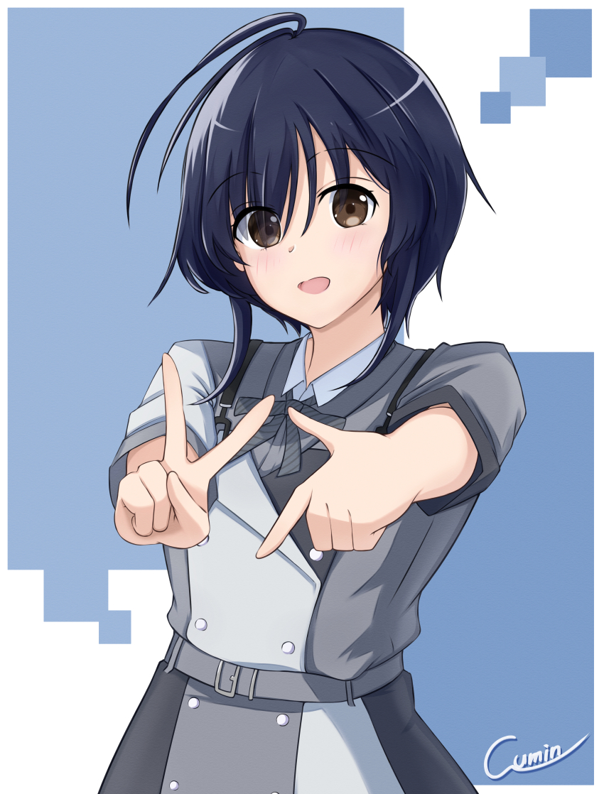 1girl 22/7 absurdres ahoge artist_name belt belt_buckle blue_hair brown_eyes buckle cowboy_shot dark_blue_hair dress grey_belt highres looking_at_viewer multicolored_background multicolored_dress neck_ribbon open_mouth ribbon short_hair solo takigawa_miu takumitu_711 v yes_to_no_no_aida_ni