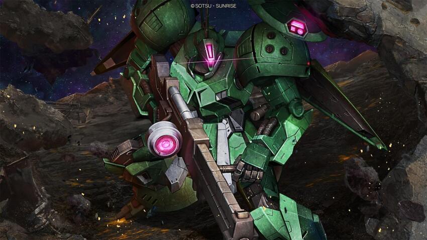 asteroid battle beam_rifle cable copyright_logo damaged debris dirty energy_gun glowing glowing_eye gun gundam gundam_battle_operation_2 gundam_msv highres lens_flare machinery mecha mecha_focus mobile_suit nebula no_humans official_art one-eyed painting_(medium) r-jarja realistic rifle robot rs-jarja scan science_fiction scope sniper_rifle space star_(sky) sunrise_(company) tenjin_hidetaka traditional_media weapon
