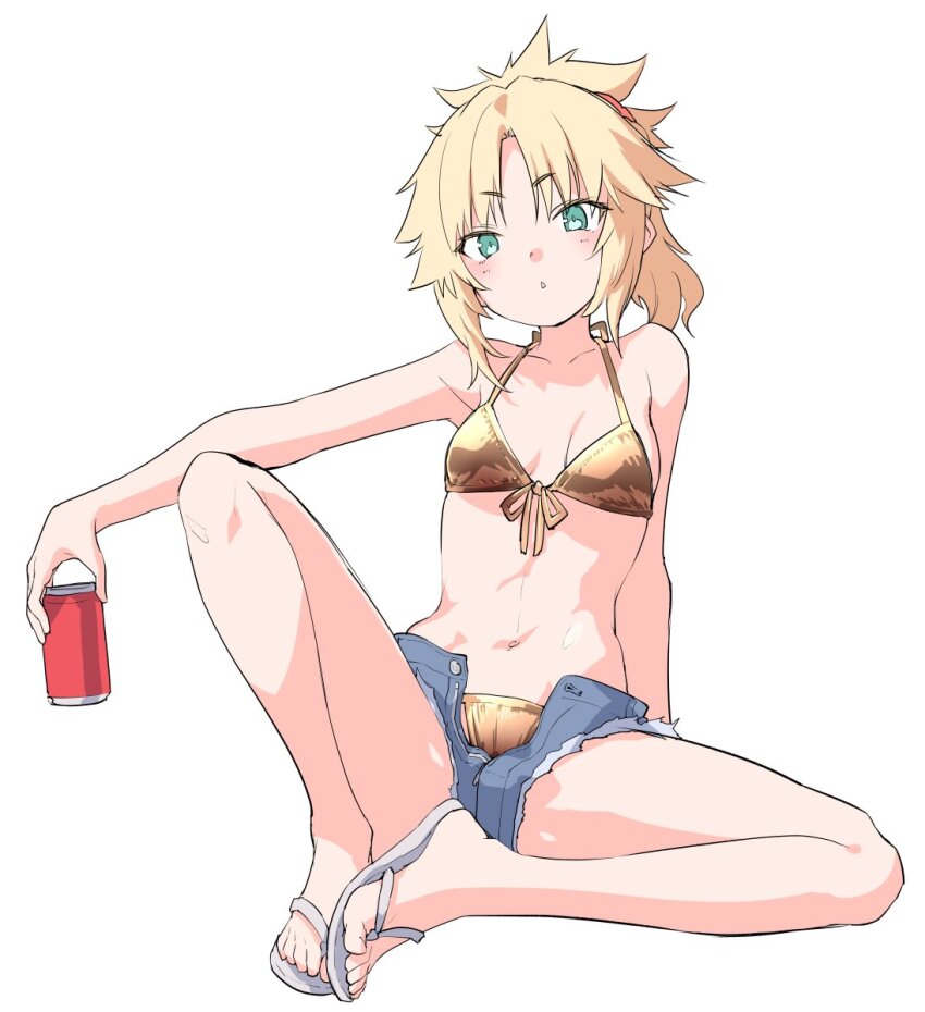 1girl bikini blonde_hair blue_shorts breasts can cutoffs denim denim_shorts drink_can fate/apocrypha fate_(series) front-tie_bikini_top front-tie_top gold_bikini green_eyes looking_at_viewer medium_breasts mordred_(fate) mozu_(peth) ponytail sandals short_shorts shorts simple_background small_breasts soda_can solo swimsuit white_background