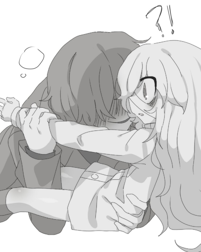 !? 1boy 1girl absurdres coat deliriumcenter grabbing_another&#039;s_arm greyscale heroine_(homicipher) hetero highres homicipher long_hair looking_at_another monochrome mr._scarletella raincoat ringed_eyes short_hair simple_background sitting white_background