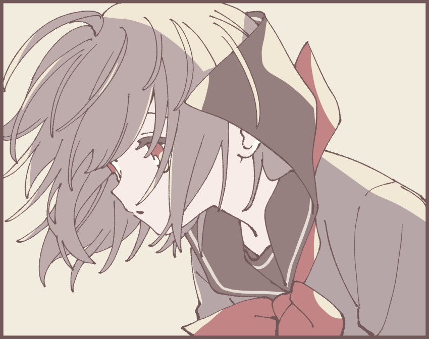 1girl black_border border brown_hair brown_sailor_collar brown_shirt floating_clothes floating_hair from_side grey_background highres looking_ahead medium_hair namori neckerchief original parted_lips red_eyes red_neckerchief sailor_collar school_uniform serafuku shirt simple_background solo