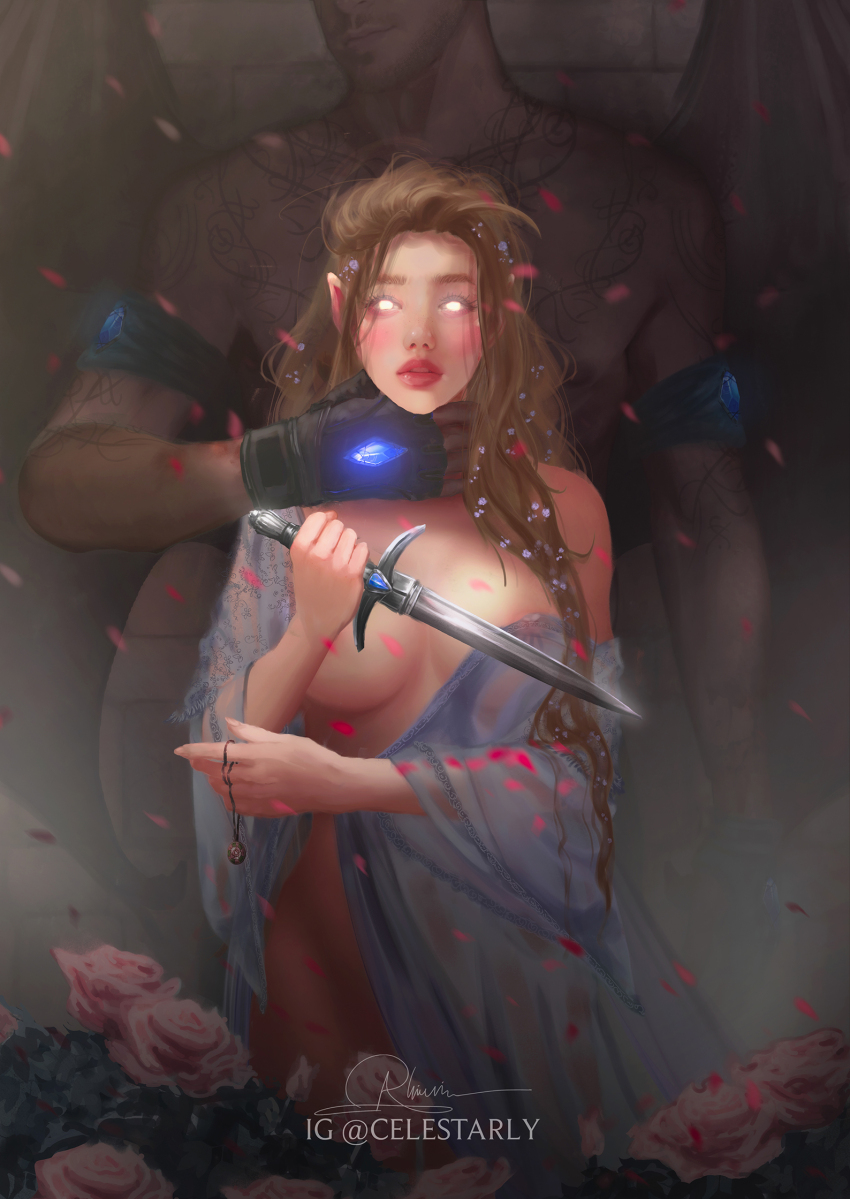 arm_tattoo artist_logo artist_name azriel_(acotar) bat_wings blush breasts celestarly dagger elain_archeron flower hair_flower hair_ornament hand_around_neck height_difference highres holding holding_dagger holding_jewelry holding_knife holding_necklace holding_weapon instagram_username jewelry knife logo long_hair necklace nipples no_pupils pointy_ears shoulder_tattoo signature strangling tattoo underboob weapon wings