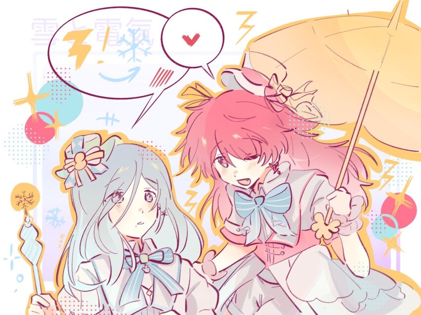 2girls ;d blue_bow blue_bowtie blue_hair blue_ribbon blush bow bow_earrings bowtie commentary_request earrings fang hair_between_eyes heart hinomori_shizuku holding holding_umbrella jewelry lightning_bolt_symbol long_hair long_hair_between_eyes looking_at_another mole mole_under_mouth momoi_airi multiple_girls neck_ribbon one_eye_closed open_mouth parasol pinstripe_bowtie pinstripe_ribbon project_sekai red_hair ribbon shorts smile snowflakes spoken_heart spoken_symbol translation_request two_side_up umbrella white_shorts woodonly