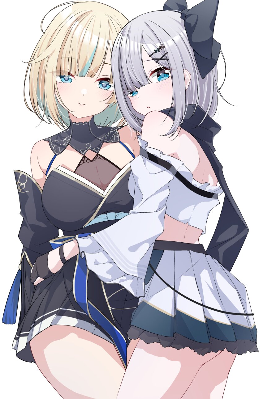 2girls absurdres aizawa_ema bare_shoulders black_gloves blonde_hair blush bow breasts cleavage closed_mouth commentary_request fingerless_gloves gloves green_eyes green_hair grey_bow grey_hair hair_bow hair_ornament hairclip highres kaga_sumire looking_at_viewer mole mole_under_eye multicolored_hair multiple_girls open_mouth simple_background skirt takeyabunora two-tone_hair virtual_youtuber vspo! white_background