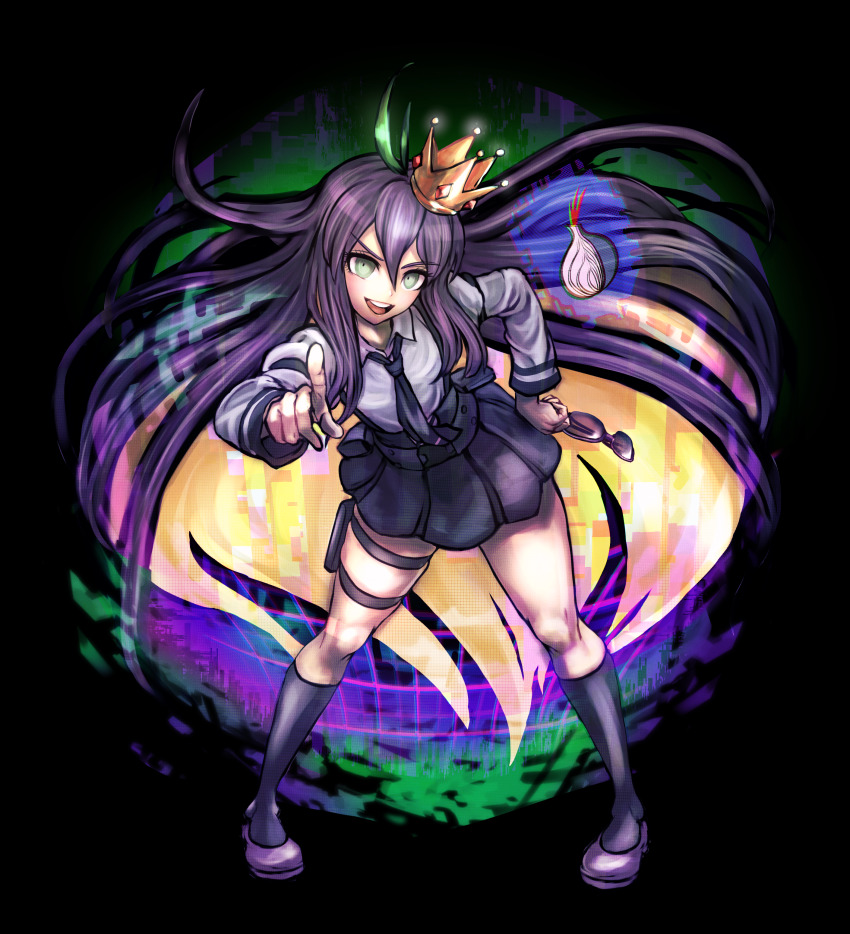 1girl absurdres ahoge belt black_background black_necktie black_skirt black_socks collared_shirt crown danganronpa_(series) dyed_ahoge hair_between_eyes highres holding holding_removed_eyewear internet_explorer_(webcomic) leg_strap long_hair long_sleeves looking_at_viewer mini_crown miniskirt minster_(dooke) multicolored_hair necktie onion open_mouth parody personification pleated_skirt pointing pointing_at_viewer puffy_sleeves purple_hair purple_shoes shirt shoes simple_background skirt smile socks solo standing streaked_hair style_parody sunglasses teeth thigh_strap tor_(merryweather) tor_browser unworn_eyewear upper_teeth_only white_shirt wing_collar