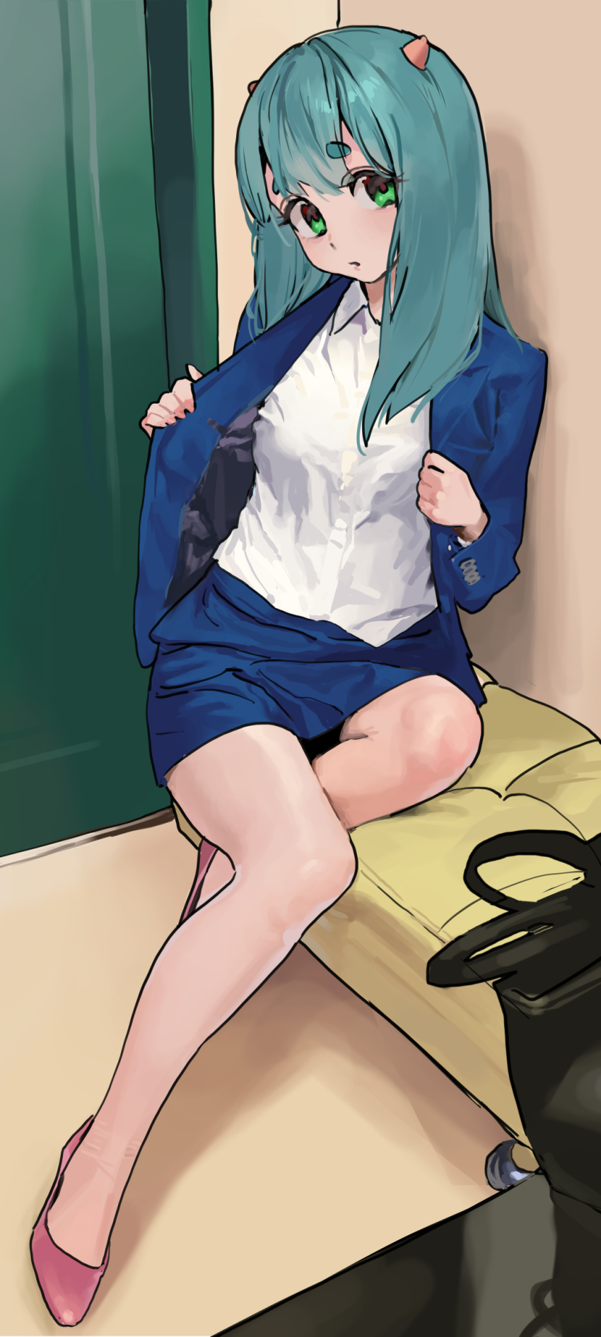 1girl absurdres aqua_hair blue_jacket blue_skirt closed_mouth collared_shirt cone_horns door flats green_eyes high_heels highres horns indoors jacket long_hair nahia_(some1else45) office_lady original pantyhose pencil_skirt pink_shoes shirt shoes skirt solo some1else45 white_shirt