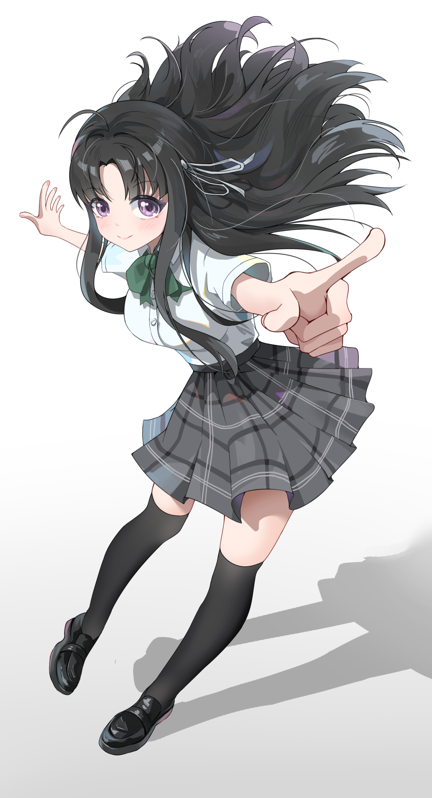 1girl absurdres ahoge awa_subaru black_hair black_shoes black_socks bow bowtie breasts closed_mouth collared_shirt commentary_request dress_shirt fingernails floating_hair full_body girls_band_cry green_bow green_bowtie grey_skirt hair_ribbon highres jumping kneehighs large_breasts light_blush loafers long_hair looking_at_viewer outstretched_arms parted_bangs plaid_clothes plaid_skirt pleated_skirt pointing purple_eyes ribbon shadow shirt shoes short_sleeves simple_background skirt smile socks spread_arms tbyjpg very_long_hair white_background white_ribbon white_shirt