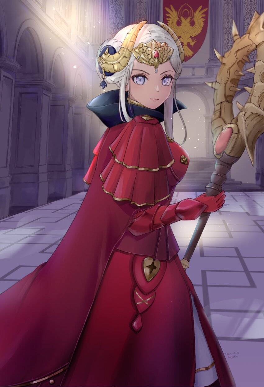 1girl armor axe aymr_(fire_emblem) breasts cape closed_mouth collared_cape double_bun dress edelgard_von_hresvelg edelgard_von_hresvelg_(timeskip) fake_horns fire_emblem fire_emblem:_three_houses gloves hair_bun hair_ornament headpiece highres holding holding_axe horned_headwear horns long_hair looking_at_viewer medium_breasts mugitoro_(dsfv2277) nintendo purple_eyes red_cape red_dress solo white_hair