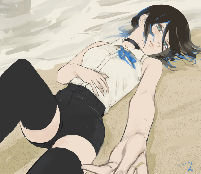 1girl bare_shoulders black_choker black_hair black_shorts black_thighhighs blue_streaks chainsaw_man choker collared_shirt commentary foreshortening green_eyes grenade_pin hair_between_eyes hand_on_own_stomach matahei ocean reze_(chainsaw_man) sand shirt shirt_tucked_in shorts signature sleeveless sleeveless_shirt thighhighs white_shirt