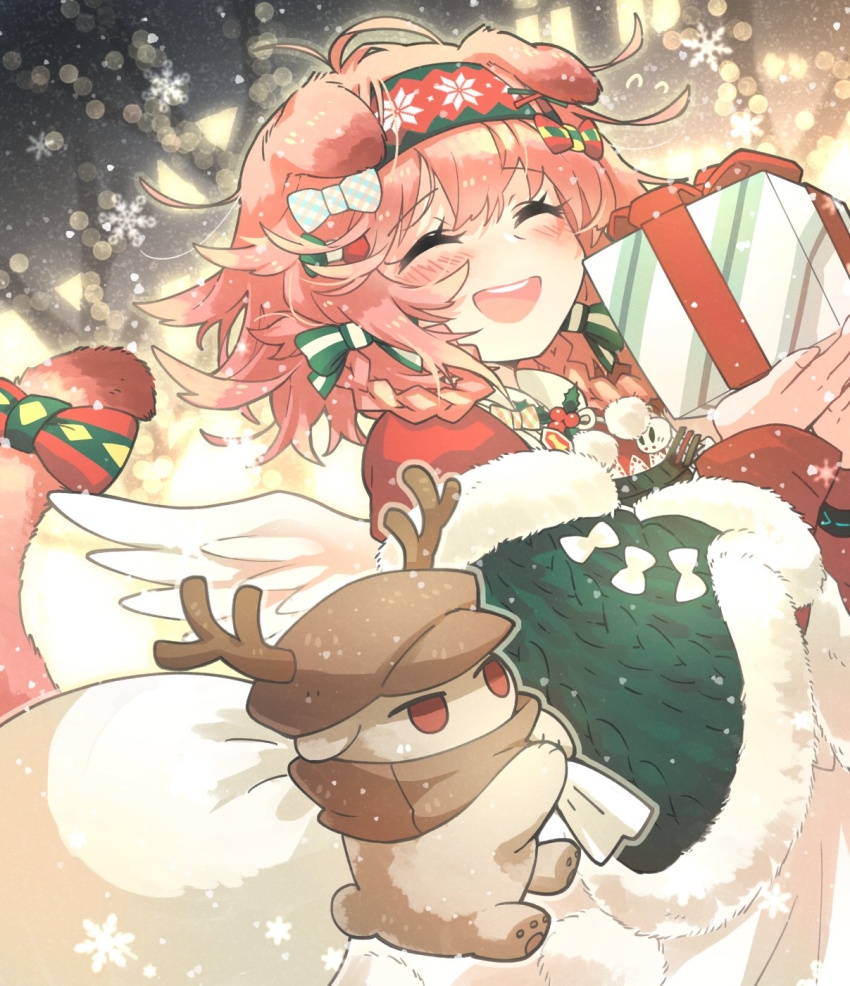 1girl ^_^ animal animal_ears animalization arknights bow box braid braided_hair_rings brown_headwear newsboy_cap cat_ears cat_girl cat_tail closed_eyes clothed_animal commentary_request dog fur_trim gift gift_box goldenglow_(arknights) goldenglow_(maiden_for_the_bright_night)_(arknights) green_bow hair_between_eyes hair_bow hair_rings hairband hat highres holding holding_gift jacket jitome long_hair long_sleeves morini_ochiteru pink_hair red_(npc)_(arknights) red_eyes red_hairband red_jacket snowflakes tail tail_bow tail_ornament tail_raised twin_braids