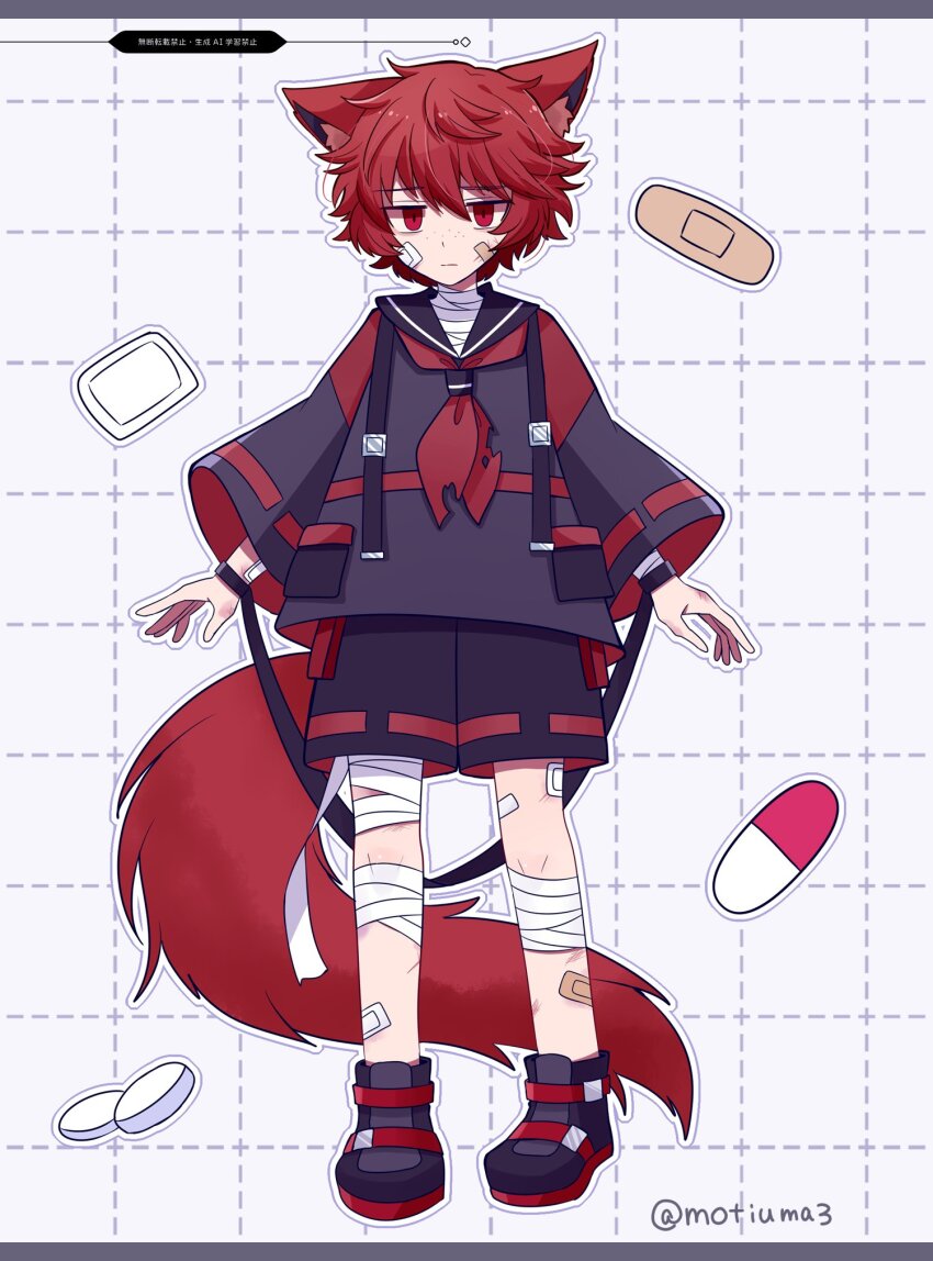 1boy animal_ears bandage_on_leg bandaged_arm bandages bandaid bandaid_on_face black_jacket black_shoes black_shorts bruise bruise_on_hand bruise_on_leg fox_boy fox_ears fox_tail freckles highres indie_virtual_youtuber injury jacket motiumai necktie official_art pill red_eyes red_hair red_necktie shoes short_hair shorts simple_background sleepyxah_(vtuber) solo tail virtual_youtuber