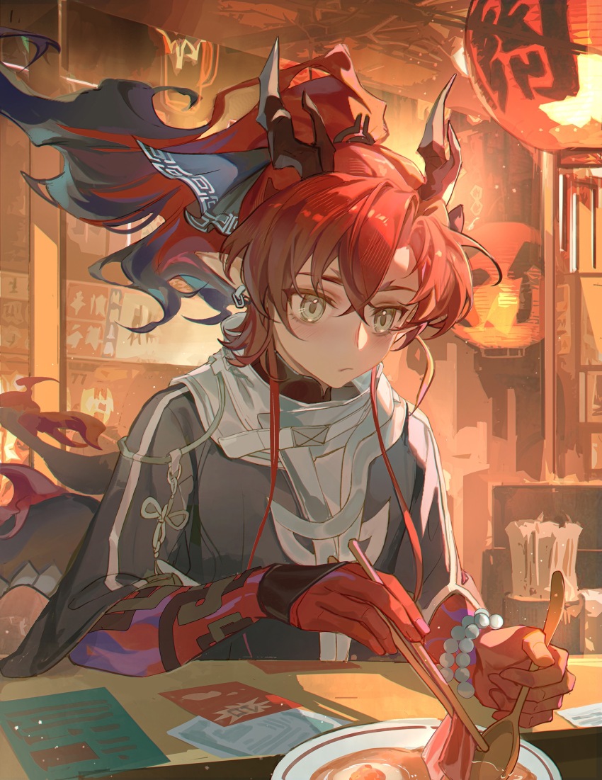1girl absurdres arknights bowl bracelet chopsticks closed_mouth colored_extremities dragon_boy dragon_horns earrings food fried_egg gloves grey_eyes hair_between_eyes high_ponytail highres holding holding_chopsticks horns indoors jewelry listencareful long_hair long_sleeves meat multicolored_hair pearl_bracelet plate pointy_ears ponytail red_gloves red_hair scarf short_ponytail solo spoon upper_body yu_(arknights)