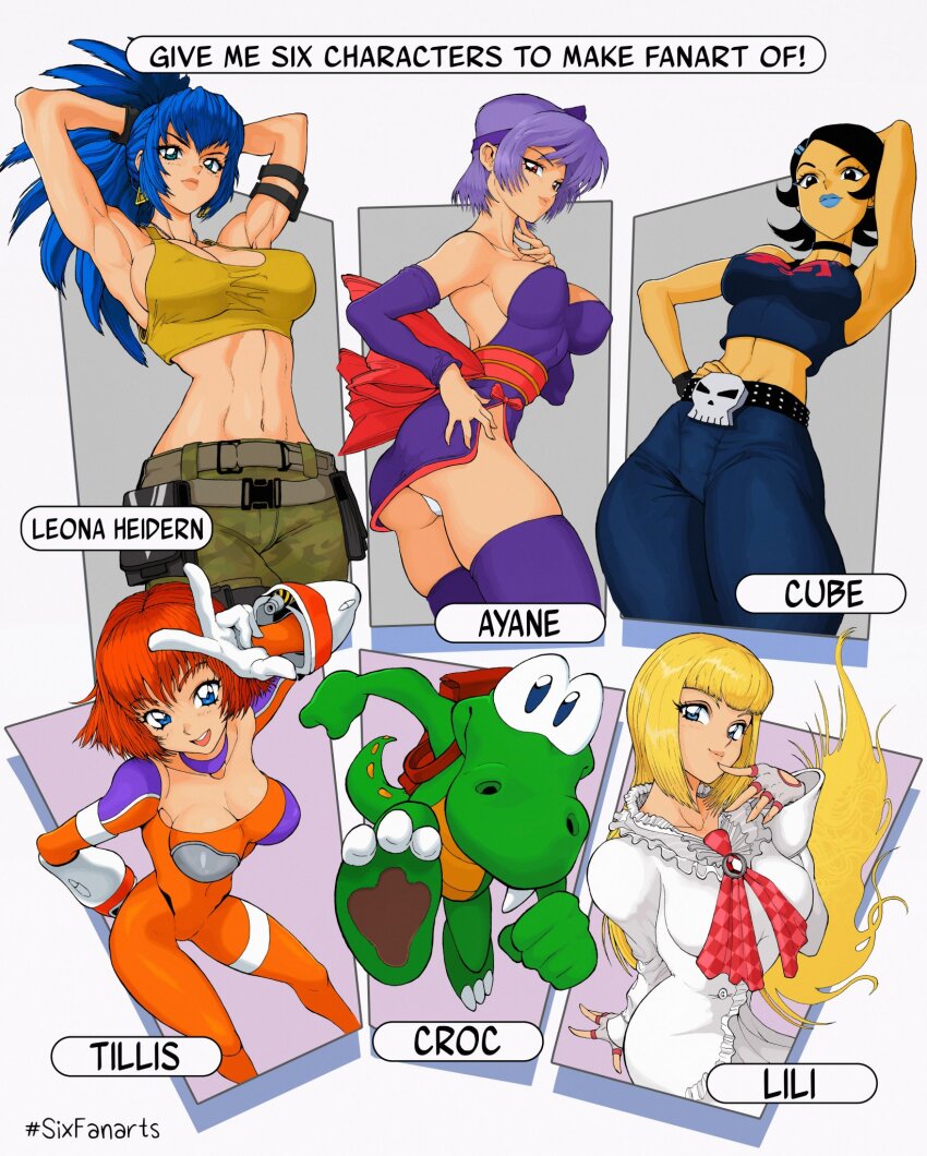 1boy 5girls armpits ass ayane_(doa) backpack bag bare_shoulders blonde_hair blue_eyes bodysuit breasts burning_rangers cleavage croc croc_(game) crop_top crossover cube_(jsr) dead_or_alive emilie_de_rochefort fingerless_gloves gloves highres jet_set_radio large_breasts leona_heidern long_hair multiple_girls pants purple_hair reptile short_hair sleeveless systemst91 tekken the_king_of_fighters tillis