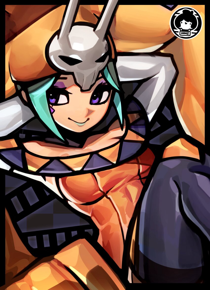 1girl absurdres arms_behind_head arms_up boots dark-skinned_female dark_skin detached_collar eyeshadow green_hair green_lips half-closed_eyes hat highres hoai_vu knees_up makeup purple_eyes skullgirls smile solo thigh_boots vice-versa_(skullgirls)