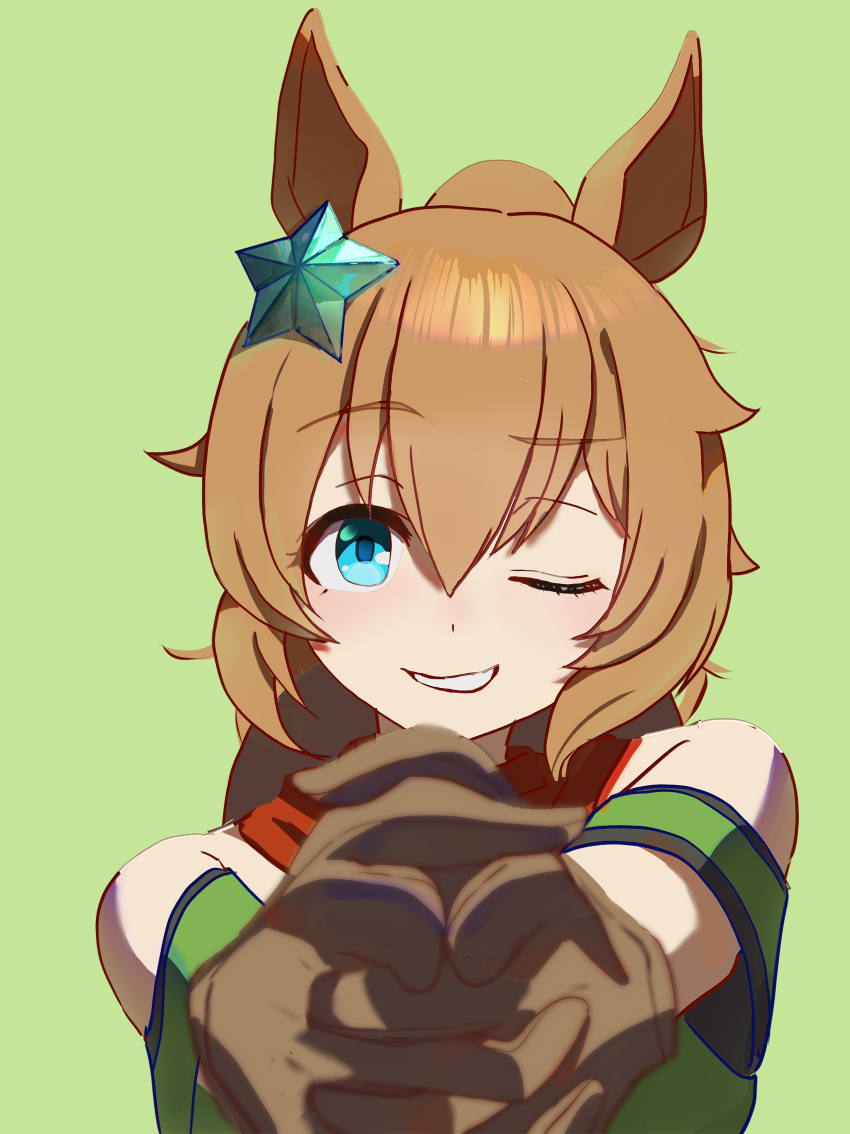1girl absurdres animal_ears bandana bare_shoulders bikini blue_eyes blurry blurry_foreground brown_gloves brown_hair commentary_request finger_gun gloves green_background green_bikini grin hair_between_eyes hair_ornament highres horse_ears horse_girl long_hair no_uwazumi ponytail red_bandana shirt simple_background smile solo star_(symbol) star_hair_ornament swimsuit taiki_shuttle_(umamusume) umamusume upper_body