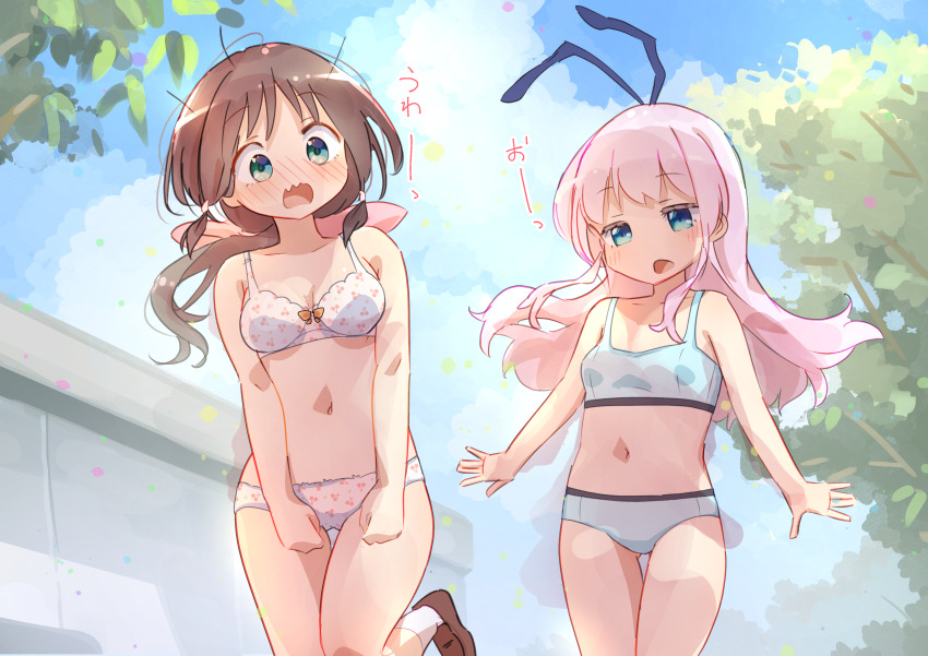 2girls absurdres blue_bra blue_eyes blue_panties blue_sky bow bow_bra bra breasts brown_hair cherry_print collarbone commentary_request commission cosplay costume_switch cowboy_shot day food_print fruit_print gluteal_fold green_eyes highres honda_tamaki honda_tamaki_(cosplay) icorasama long_hair low-tied_sidelocks low_ponytail medium_breasts multiple_girls naganawa_maria navel orange_bow outdoors panties pink_hair ponytail print_bra print_panties sengoku_kamuri sengoku_kamuri_(cosplay) sidelocks skeb_commission sky slow_start small_breasts stella_no_mahou stomach tree underwear underwear_only voice_actor_connection white_bra white_panties