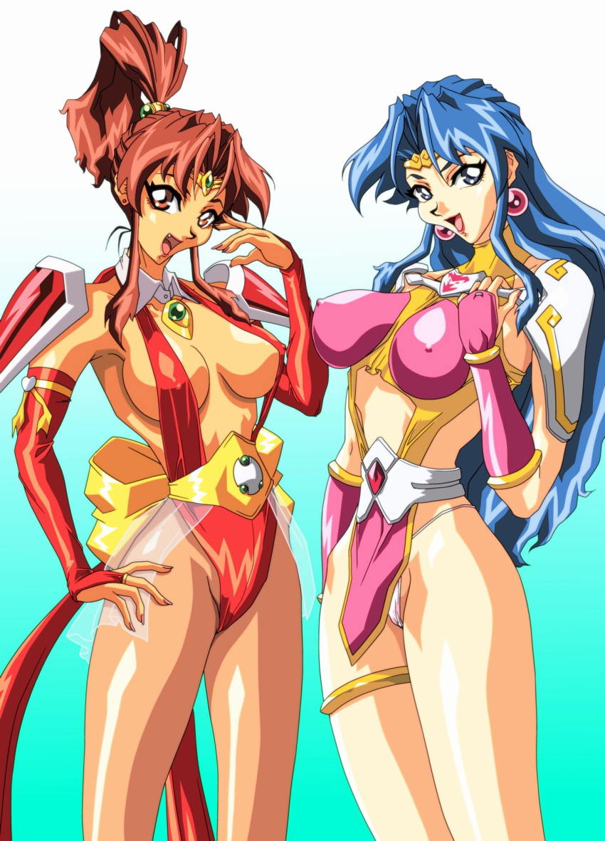 1990s_(style) 2girls blue_eyes brown_hair choujin_gakuen_gowcaizer cosplay costume_switch covered_erect_nipples highres hishizaki_shaia_(gowcaizer) looking_at_viewer mitake_2000 multiple_girls retro_artstyle son_karin technos