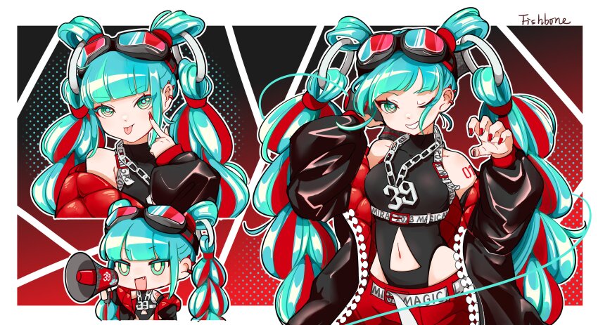 1girl 39 :p absurdres aqua_eyes aqua_hair artist_name bare_shoulders belt black_jacket black_shirt blunt_bangs chain chain_necklace chibi chibi_inset clothing_cutout detached_hair goggles goggles_on_head grin hair_rings hatsune_miku highres huixiaaa42305 jacket jewelry magical_mirai_(vocaloid) magical_mirai_miku magical_mirai_miku_(2023) multiple_views navel navel_cutout necklace number_tattoo one_eye_closed red_nails ring_hair_ornament shirt sleeveless smile tattoo tongue tongue_out vocaloid