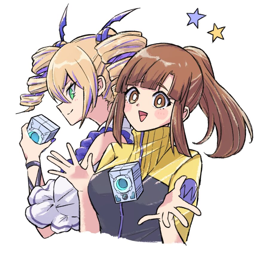 2girls bare_shoulders black_jacket blonde_hair brown_eyes brown_hair d-storage digimon digimon_card_game digimon_liberator dress drill_hair green_eyes high_collar high_ponytail highres jacket kinosaki_arisa long_hair multicolored_hair multicolored_jacket multiple_girls nagoshi ponytail purple_hair purple_nails simple_background streaked_hair twin_drills two-tone_hair two-tone_jacket upper_body violet_inboots white_background white_dress yellow_jacket