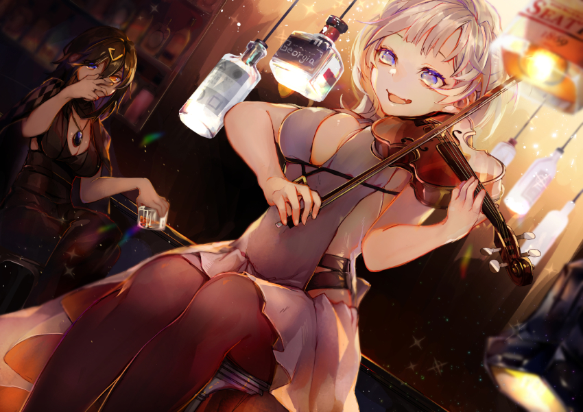2girls azur_lane bar_(place) bar_stool black_dress black_hair blue_eyes bottle character_name commentary_request dress georgia_(azur_lane) georgia_(south_town_pearl)_(azur_lane) hair_ornament hairclip heterochromia instrument jewelry motoaki multiple_girls music necklace pantyhose playing_instrument seattle_(azur_lane) seattle_(gorgeous_party)_(azur_lane) short_hair silver_hair stool violin yellow_eyes